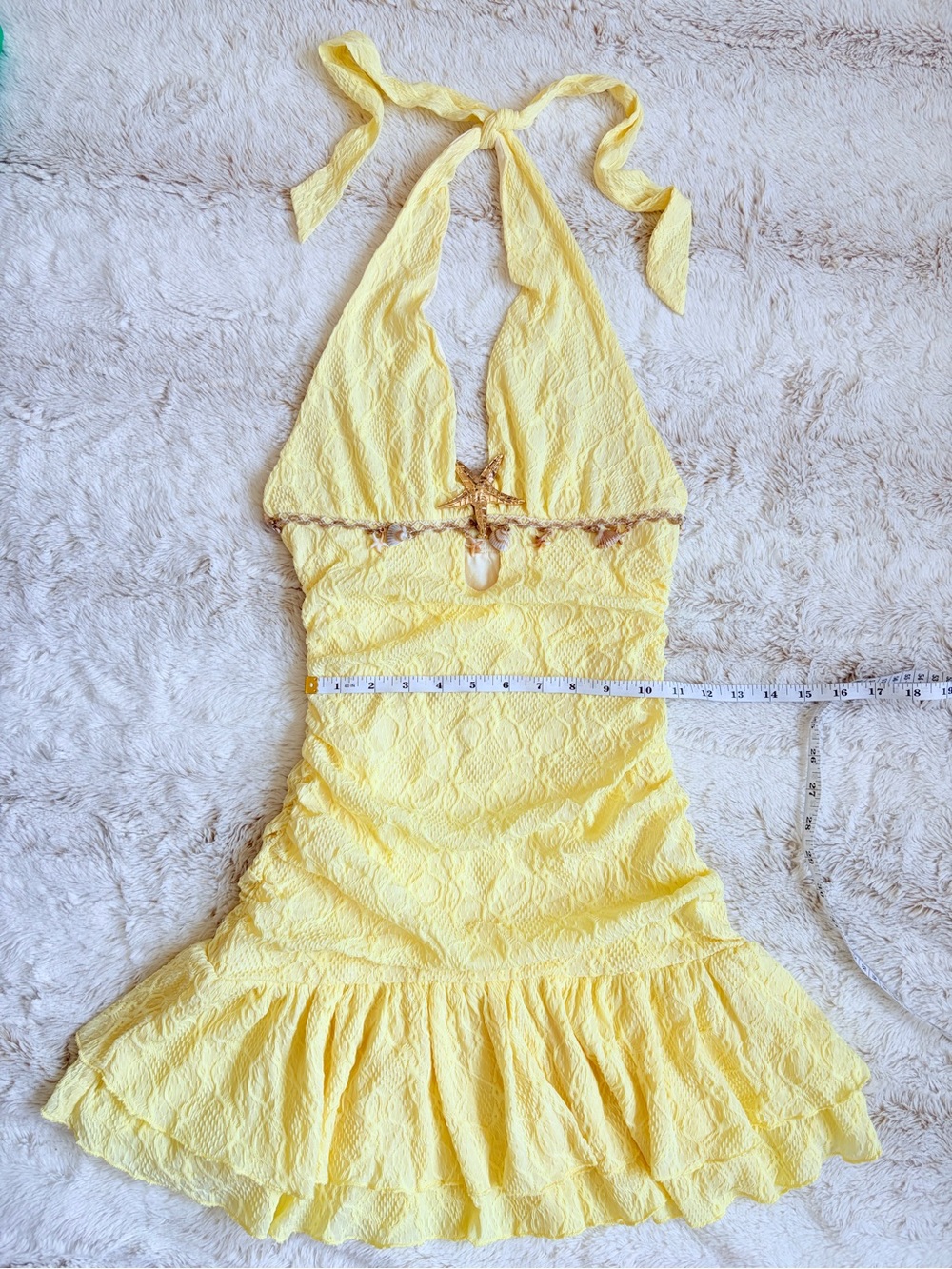 🧚Fairycore Y2K Style Mermaid Butter Yellow Halter Mini Dress Coquette Beach Euro - Picture 7 of 8
